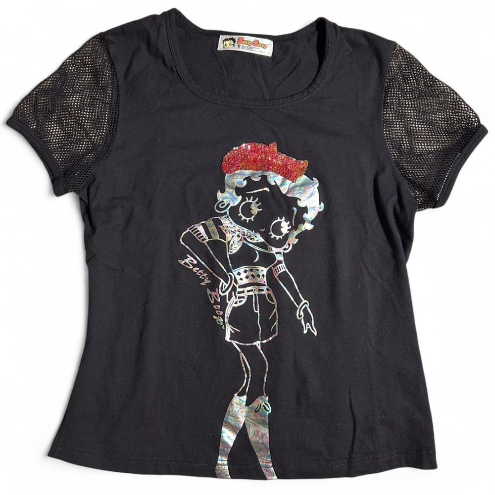 Y2K Betty Boop 2004 rare Cool Graphic Black Fishnet Short Sleeve Shirt